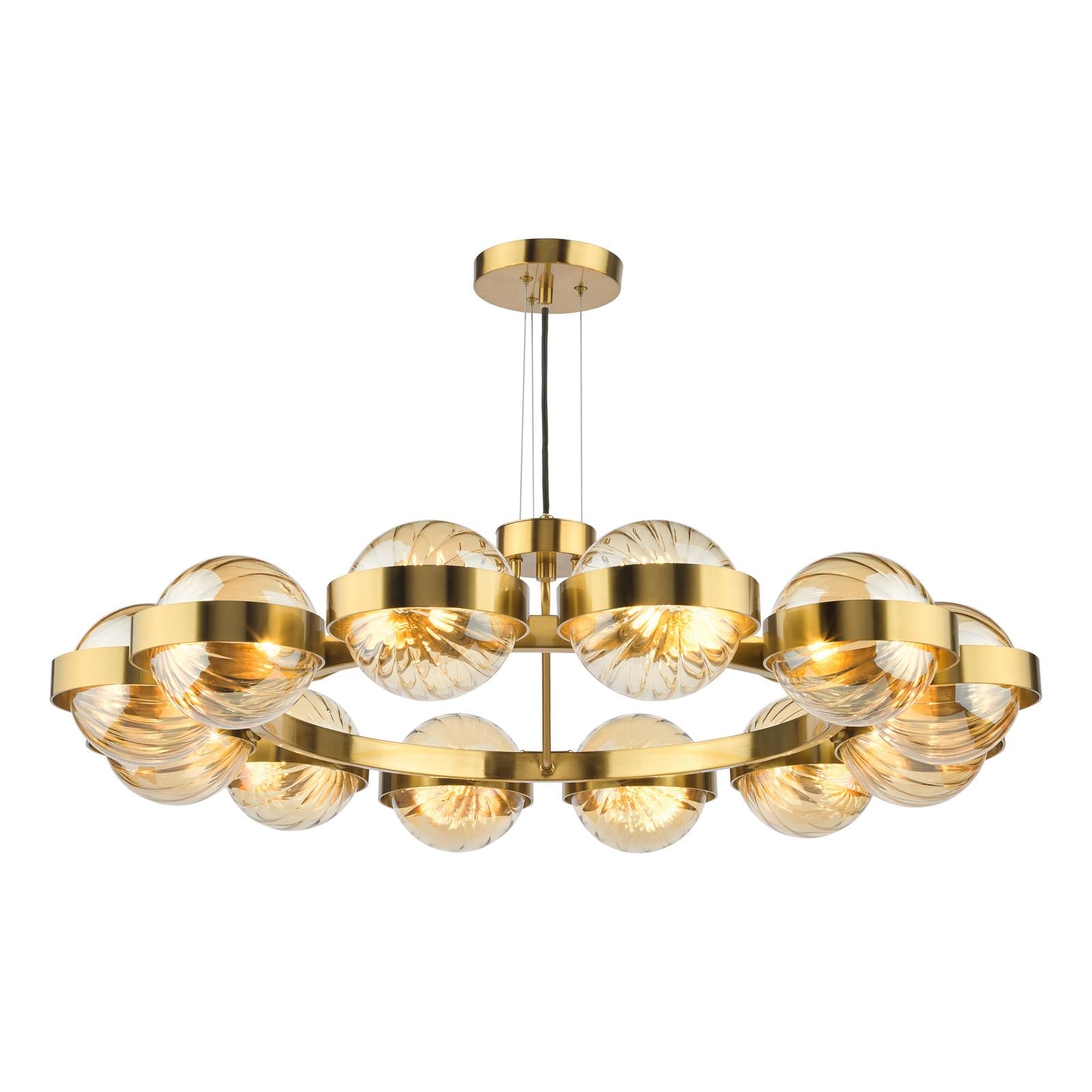 Ophira 12 Light Pendant Antique Gold and Amber Ribbed Glass