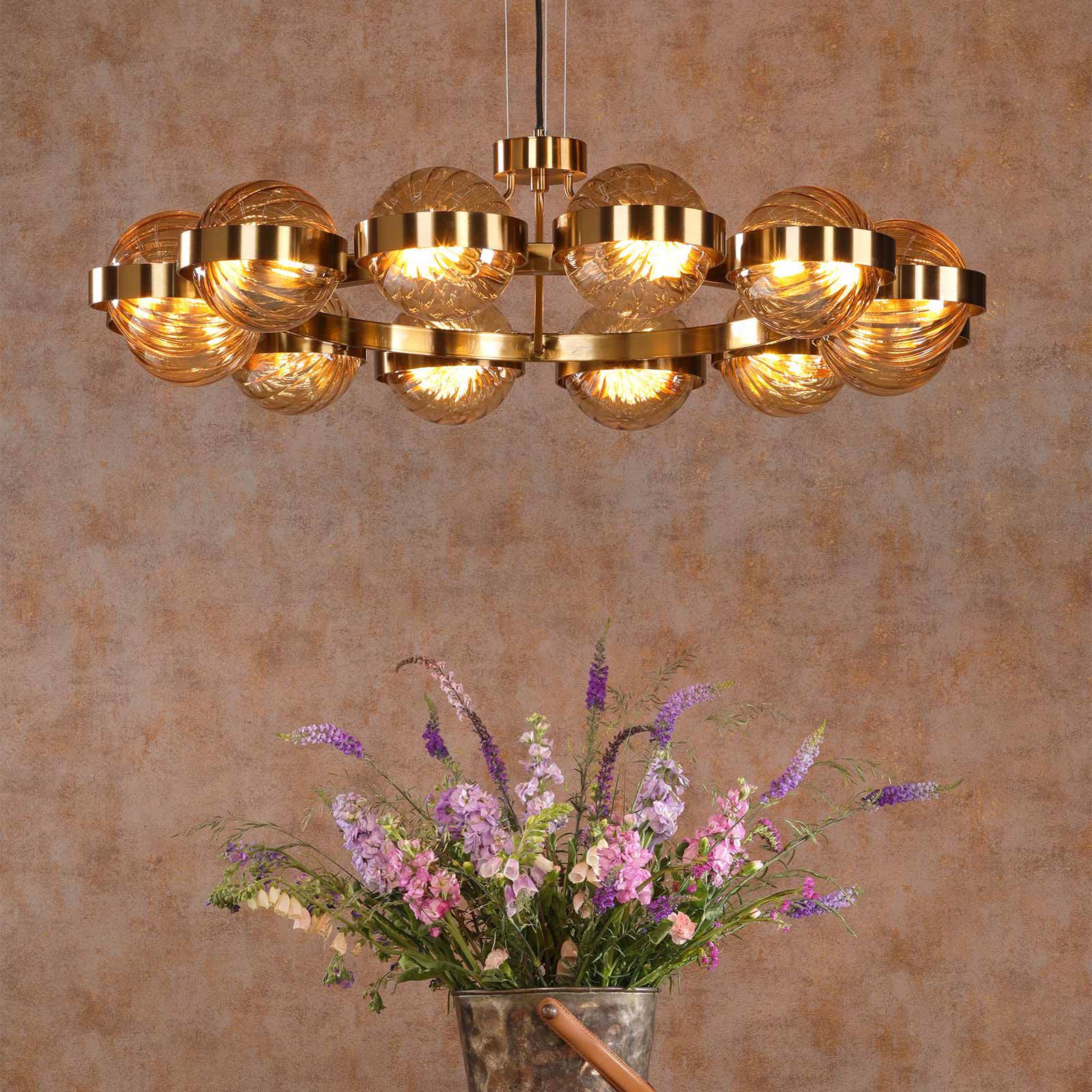 Ophira 12 Light Pendant Antique Gold and Amber Ribbed Glass
