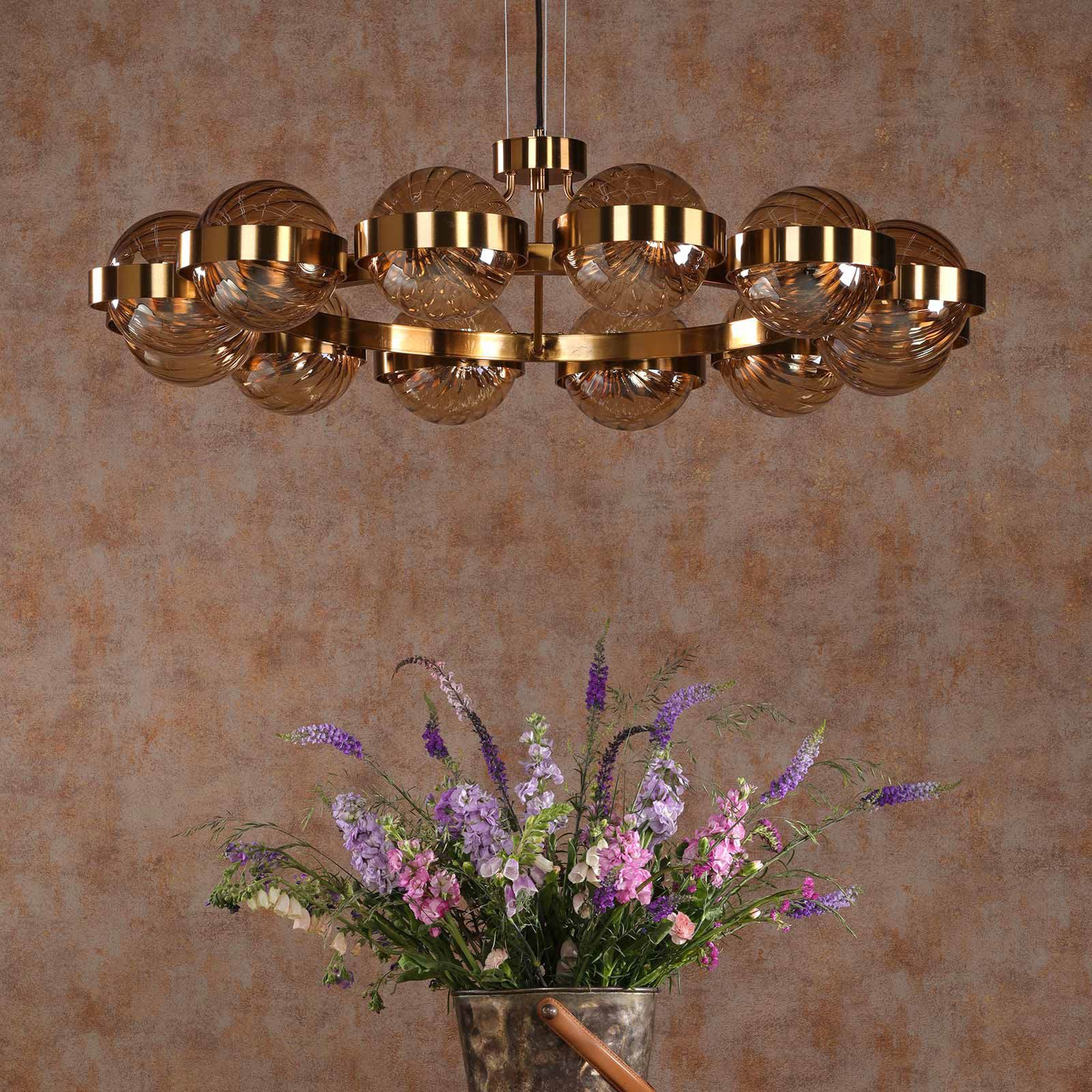 Ophira 12 Light Pendant Antique Gold and Amber Ribbed Glass