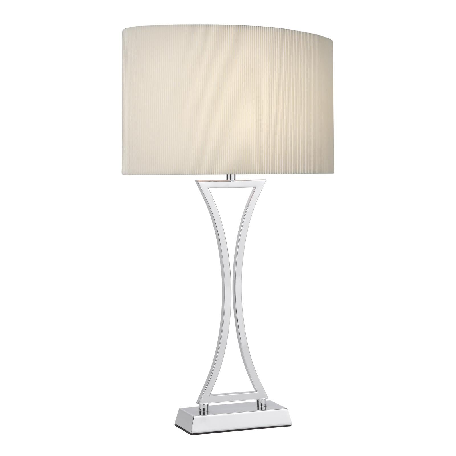 Chrome table lamp with cream fabric shade on white background