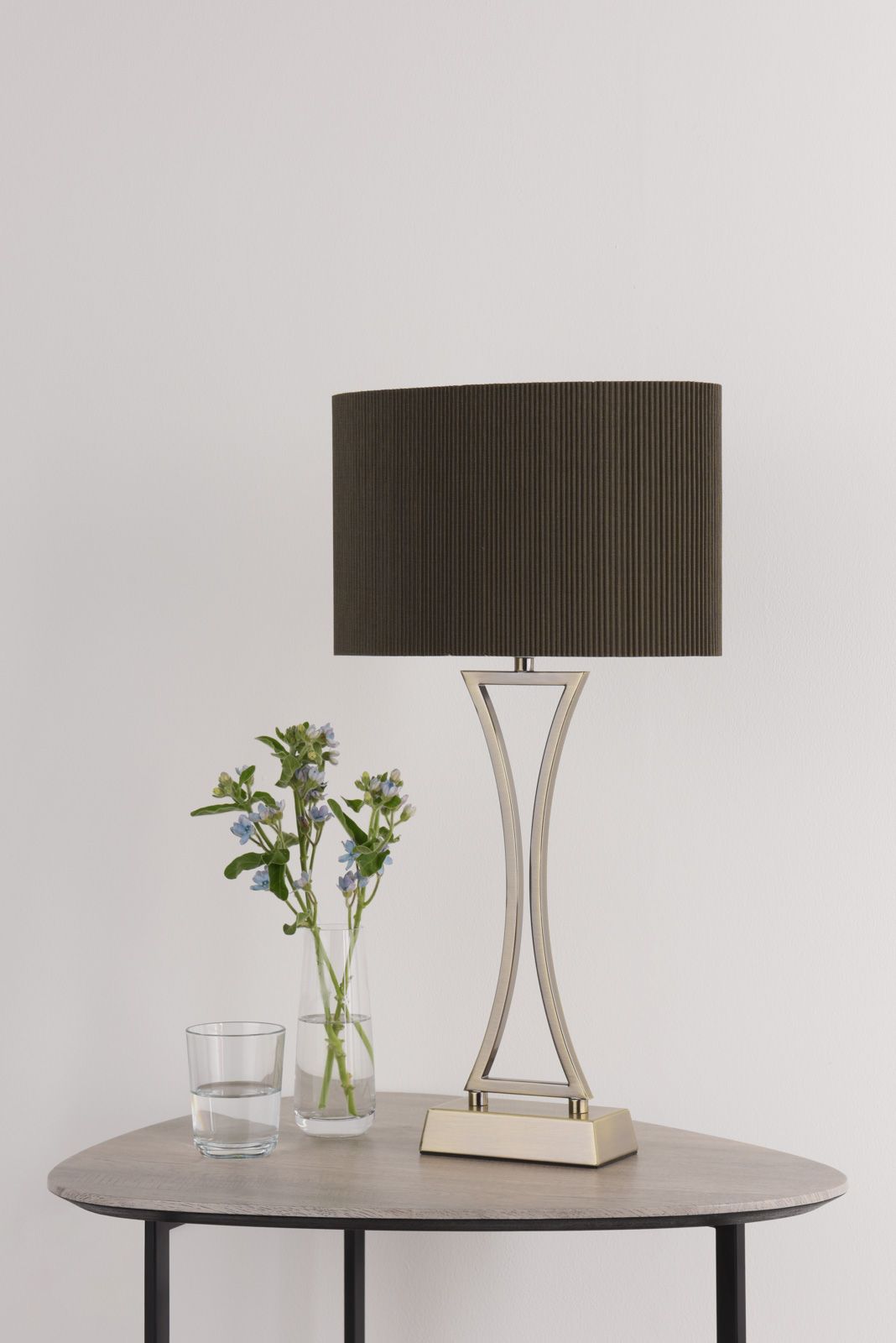 DAR Oporto Table Lamp Antique Brass Brown Fabric Shade