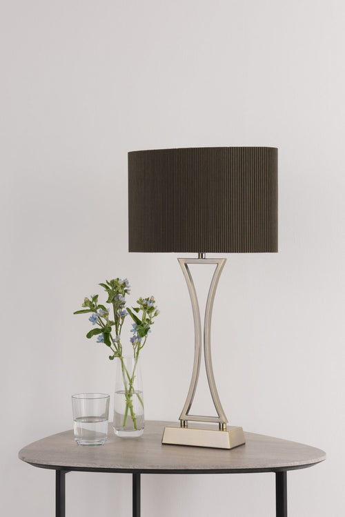 DAR Oporto Table Lamp Antique Brass Brown Fabric Shade