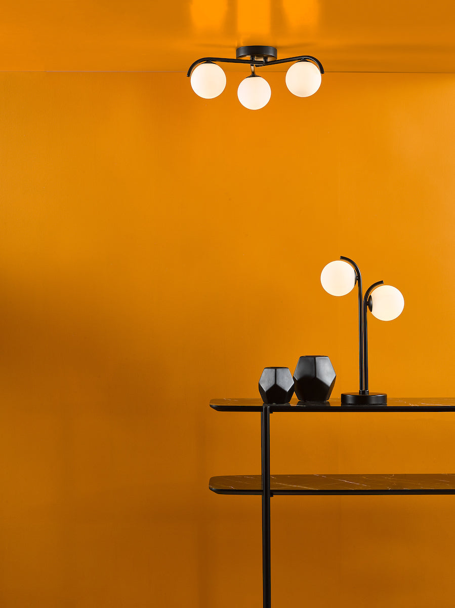 Orlena 3 Light Semi-Flush Matt Black and Opal Glass