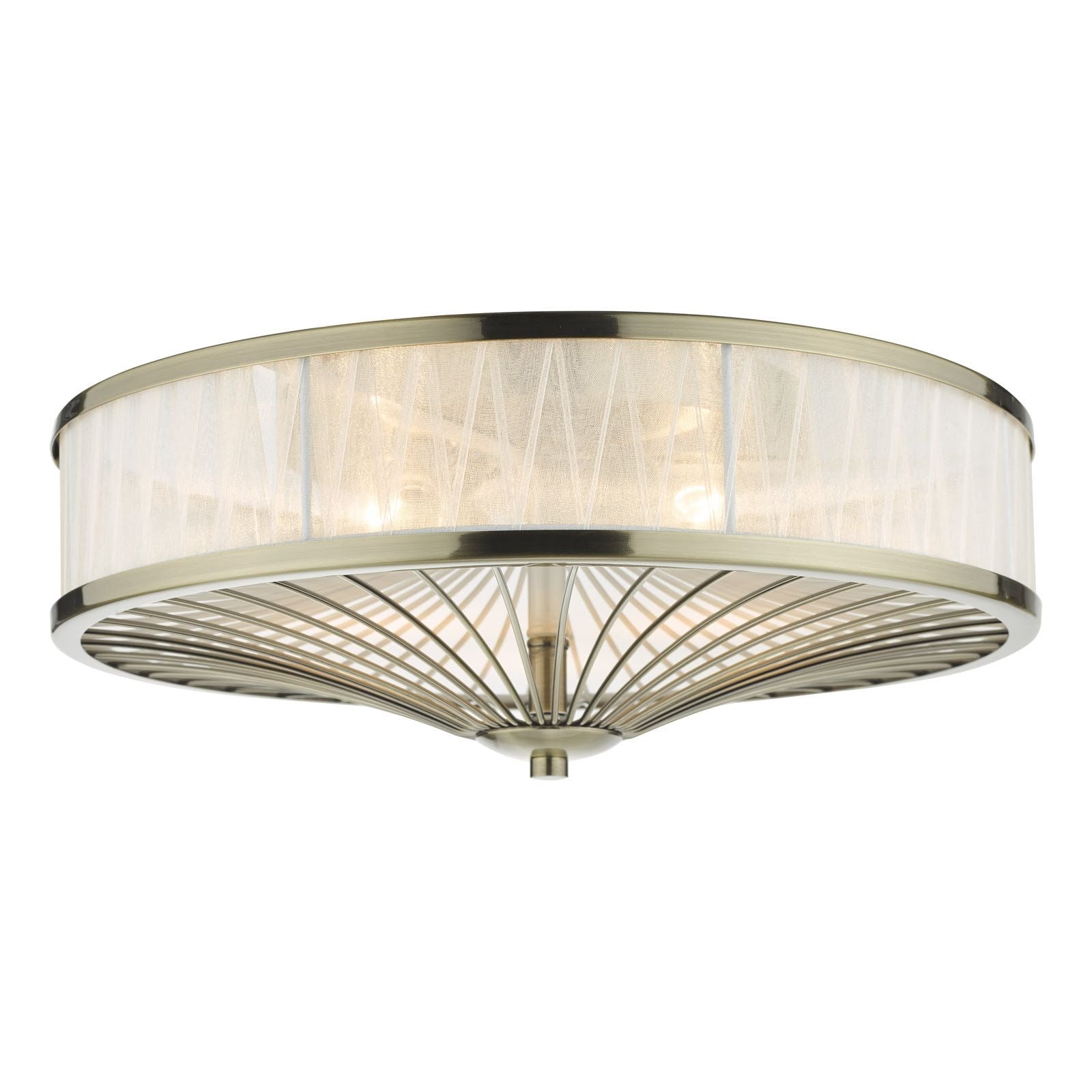 DAR Oslo 3 Light Flush Ceiling Light Antique Brass White Glass