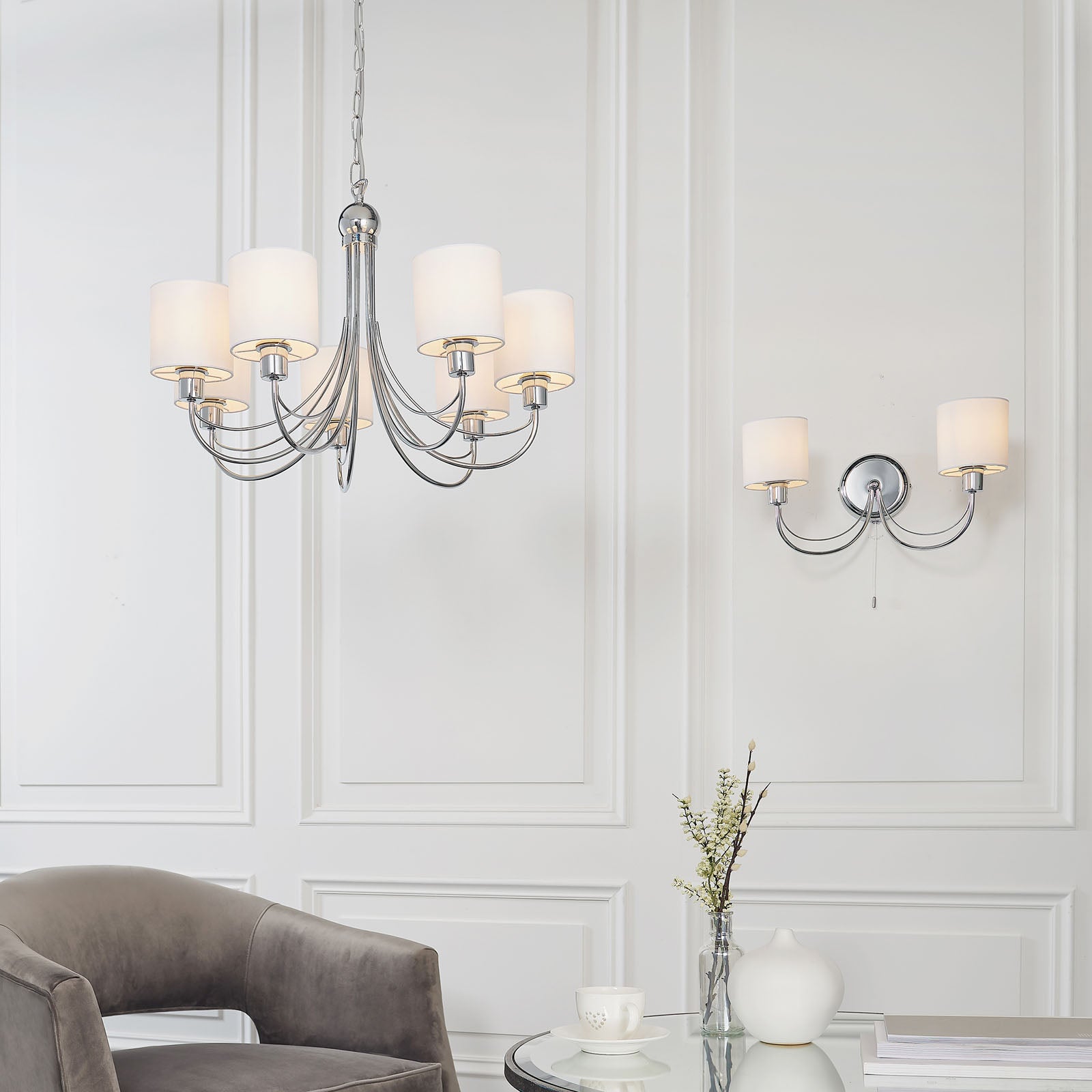 Phantom Polished Chrome 7-Light Pendant with White Shades