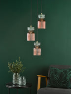 Rhubarb 3 Light Cluster Pendant Pink and Green Ribbed Glass