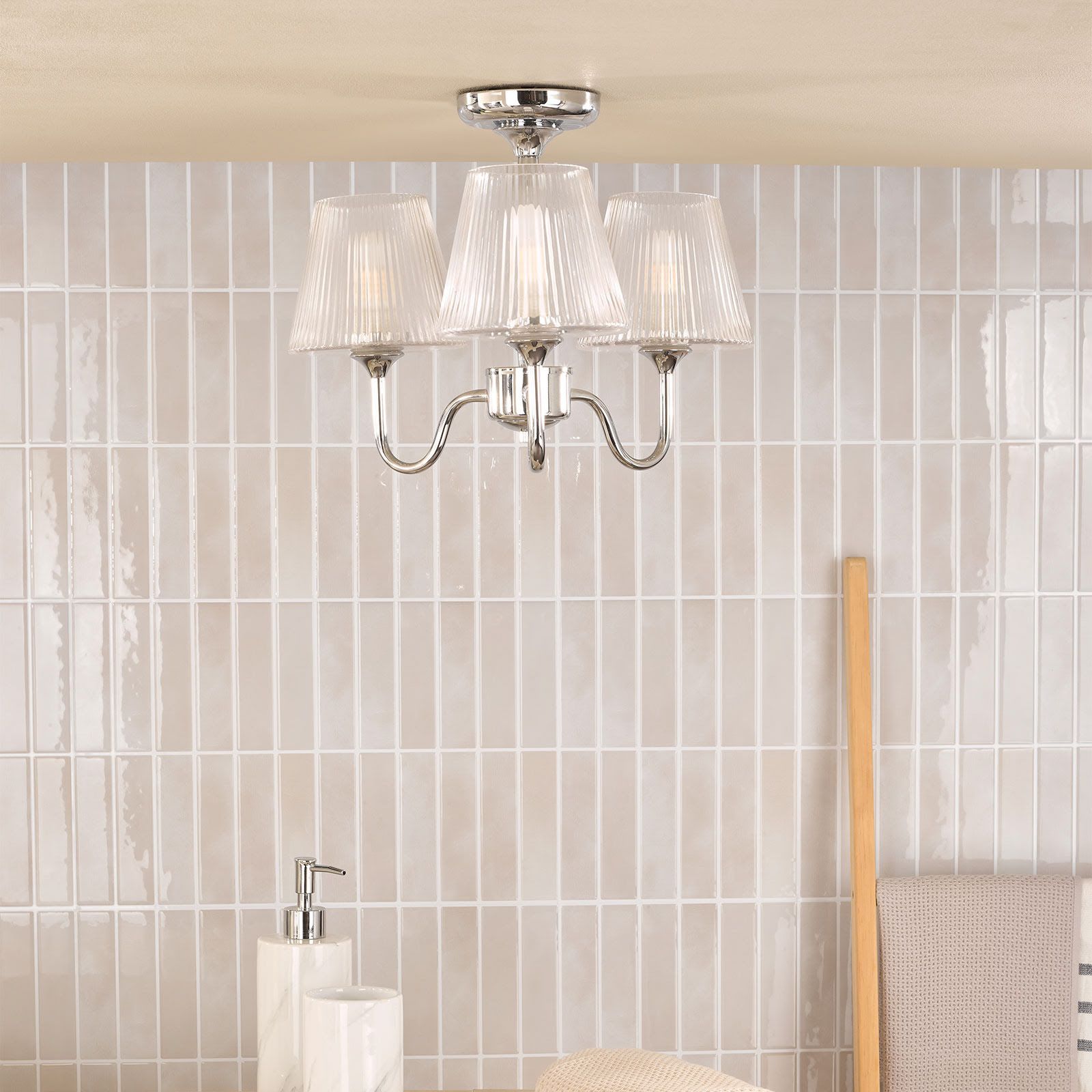Rimaz 3 Light Bathroom Semi Flush Polished Chrome and Ribbed Glass IP44