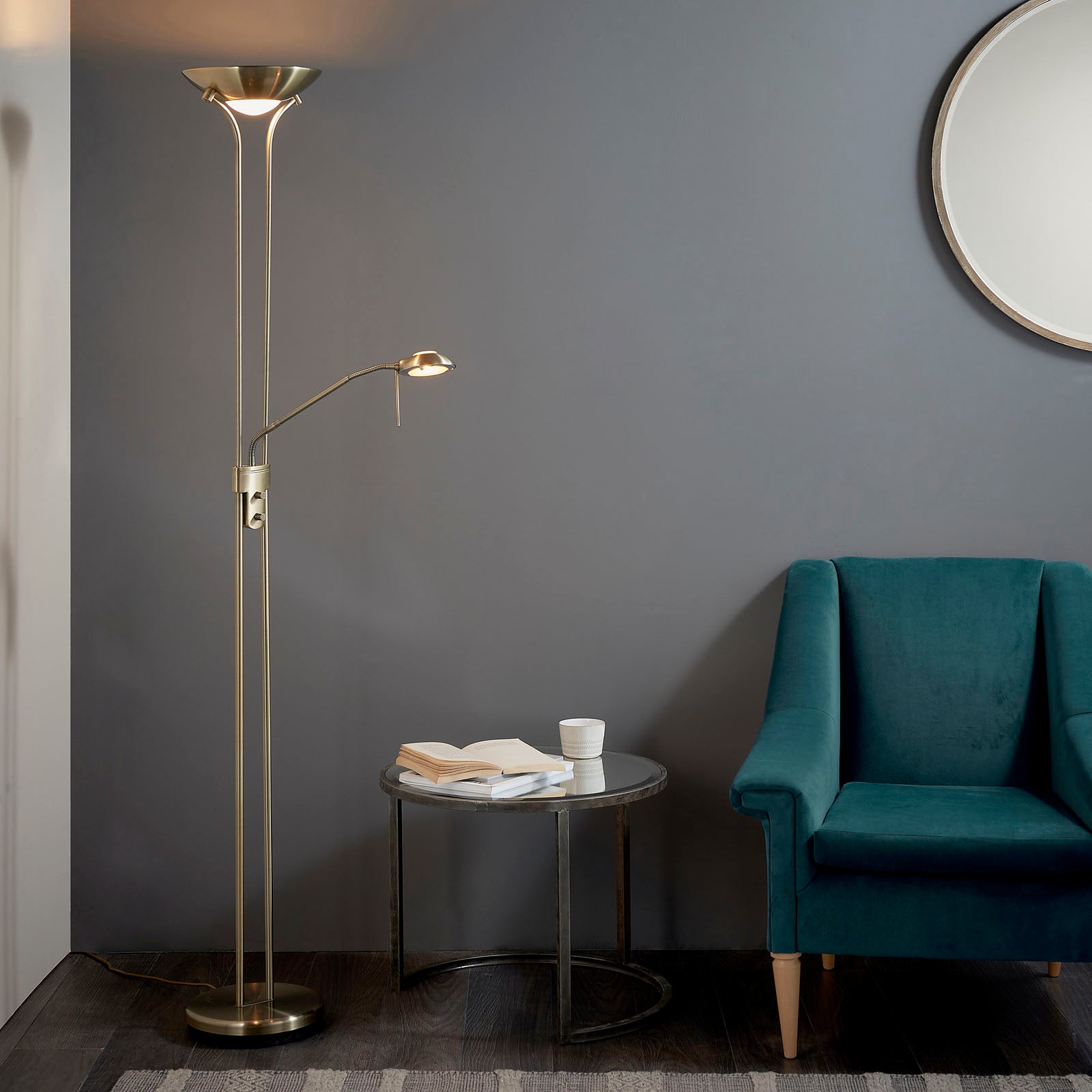 Rome 2-Light Antique Brass Floor Lamp (Uplighter & Reading Lamp)