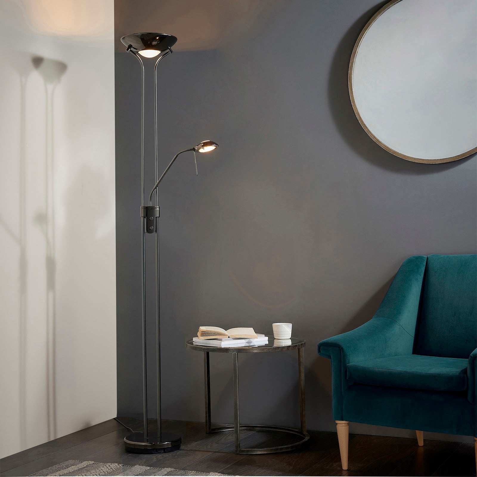 Rome 2-Light Black Chrome Floor Lamp (Uplighter & Reading Lamp)