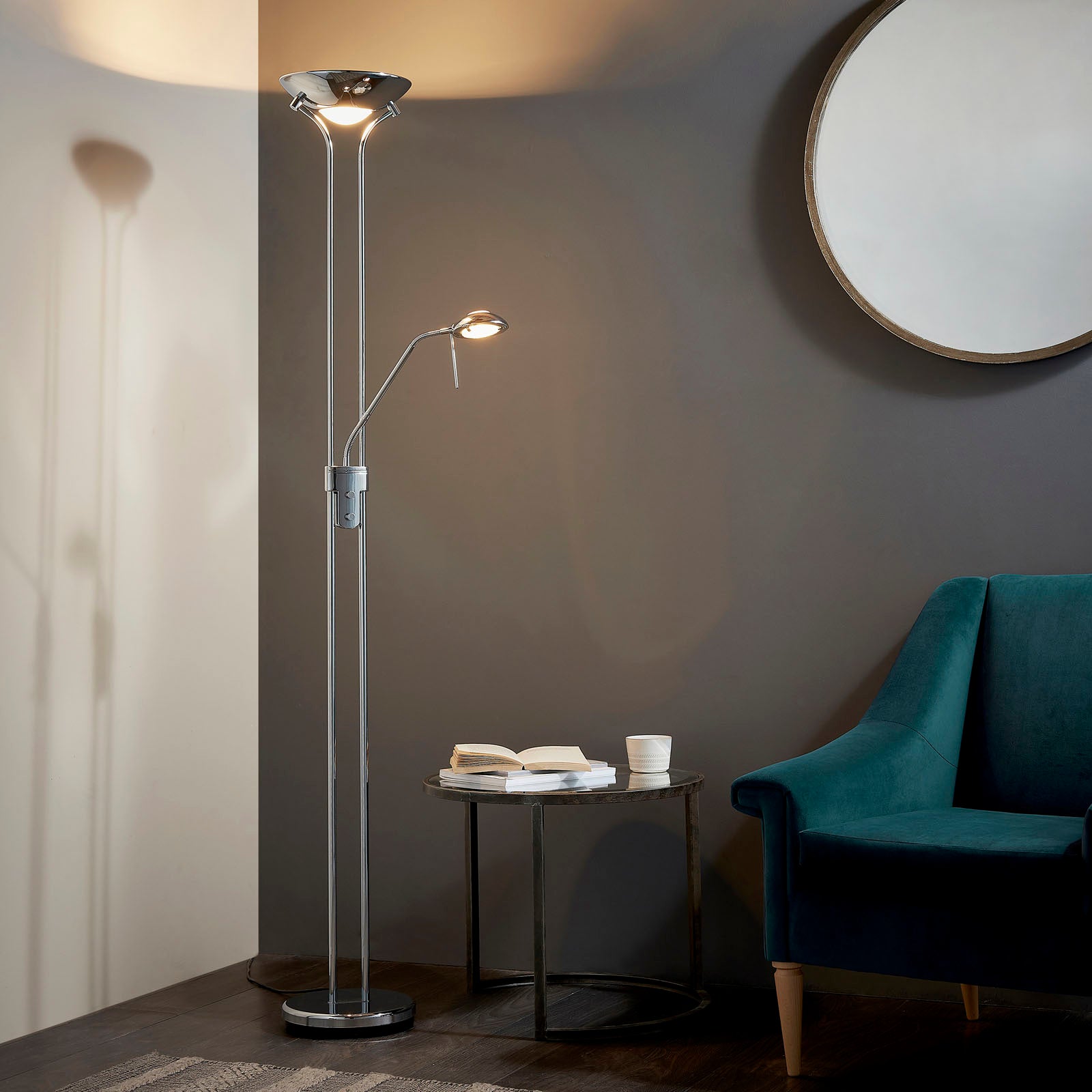 Rome 2-Light Chrome Floor Lamp (Uplighter & Reading Lamp)