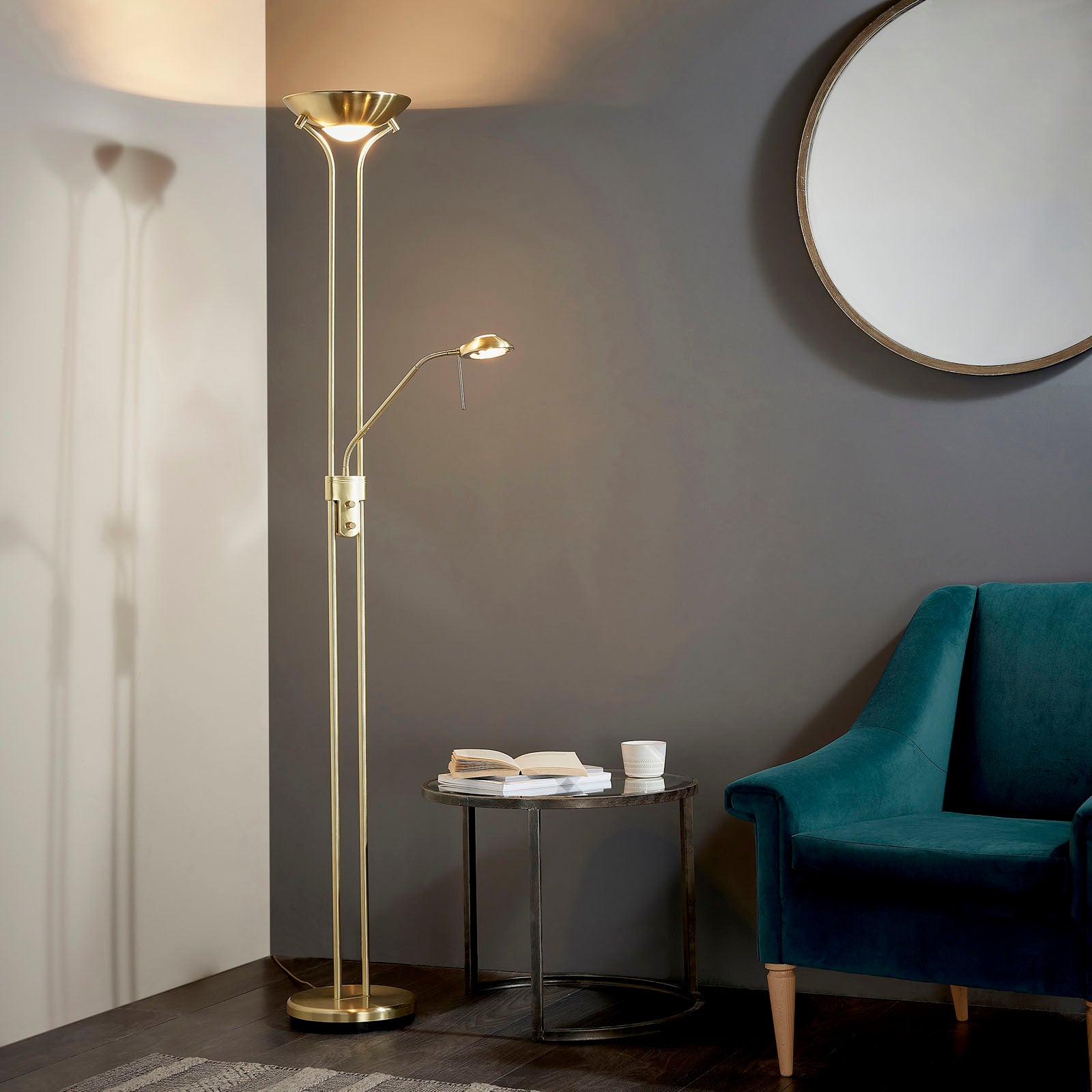 Rome 2-Light Satin Brass Floor Lamp (Uplighter & Reading Lamp)