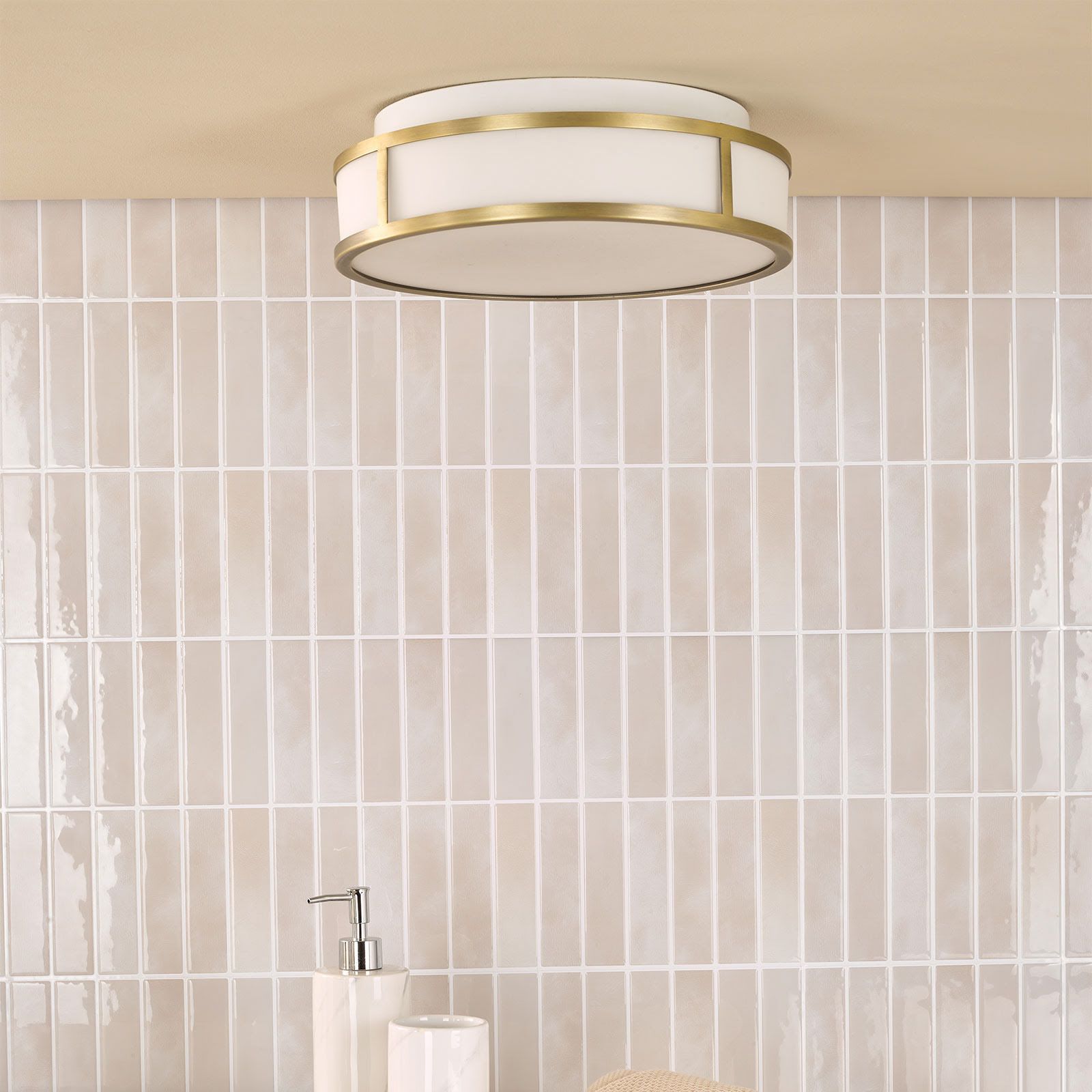 Royce 2 Light Bathroom Flush Matt Antique Brass and Opal Glass IP44