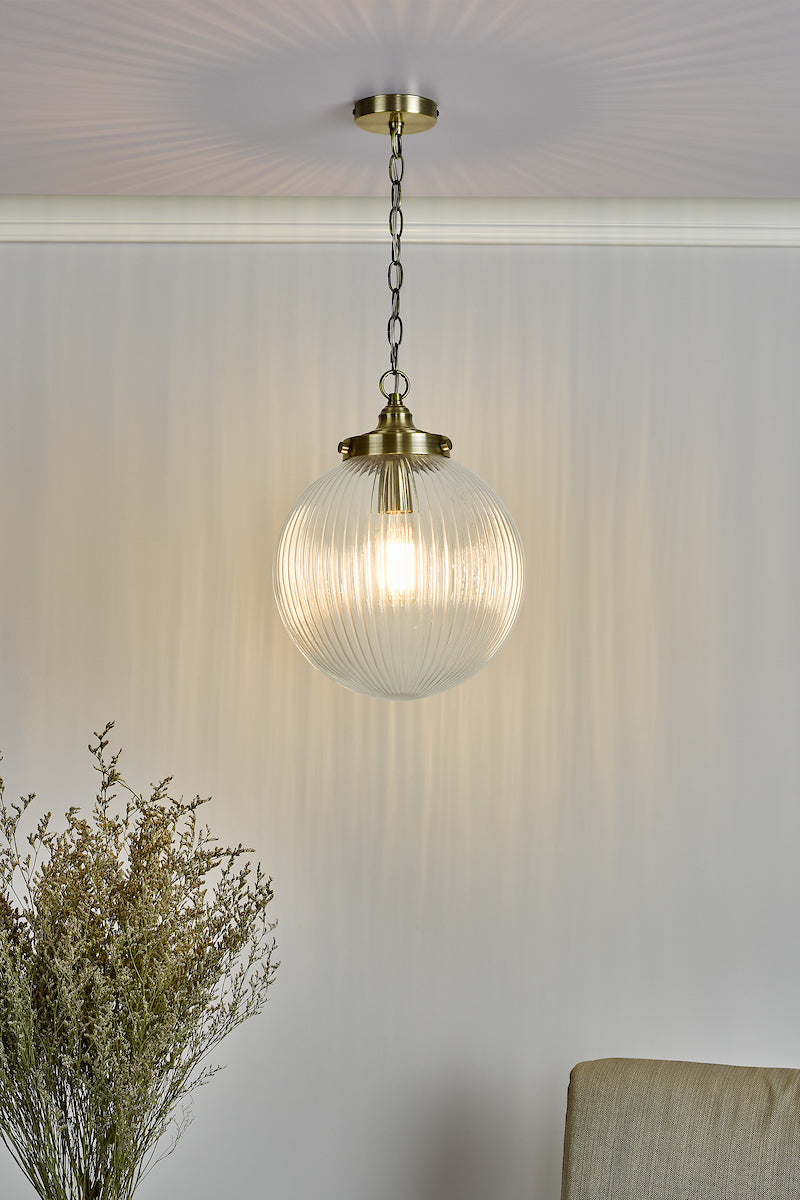 Tamara 1 Light Single Pendant Antique Brass Ribbed Glass