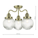 Tamara 3 Light Bathroom Semi Flush Antique Brass Ribbed Glass IP44