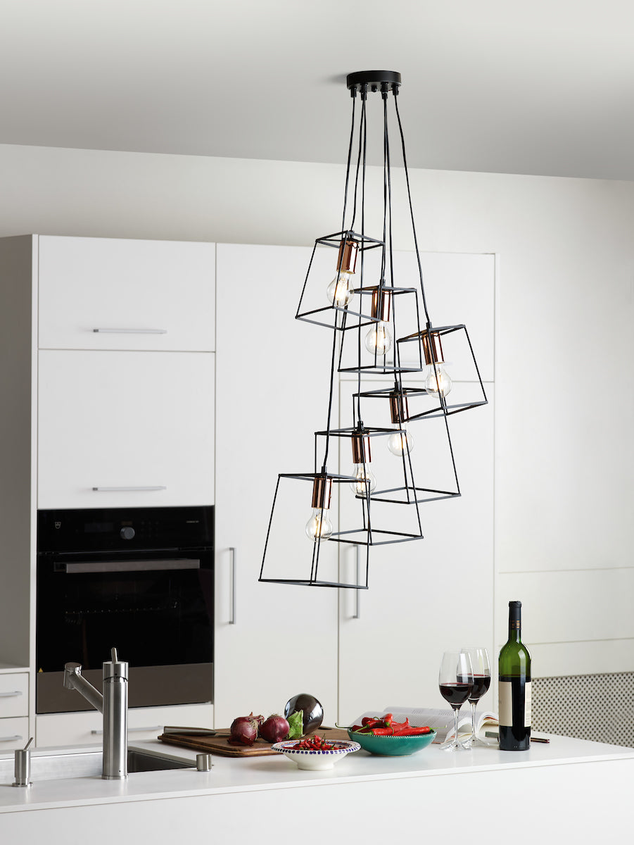 Tower 6 Light Cluster Pendant Matt Black & Copper