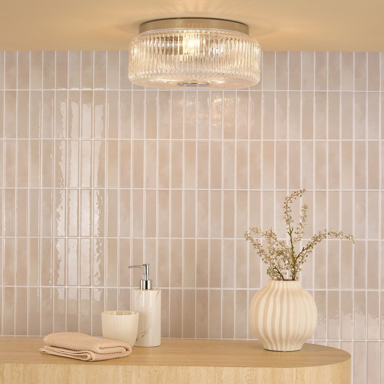 Twyman 3 Light Flush Polished Chrome and Ribbed Glass IP44