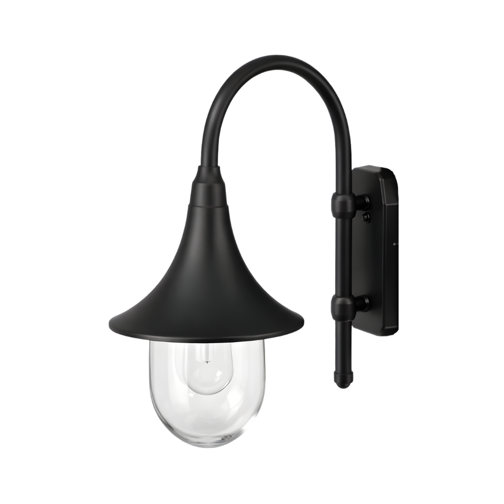 Black outdoor wall light with curved arm design