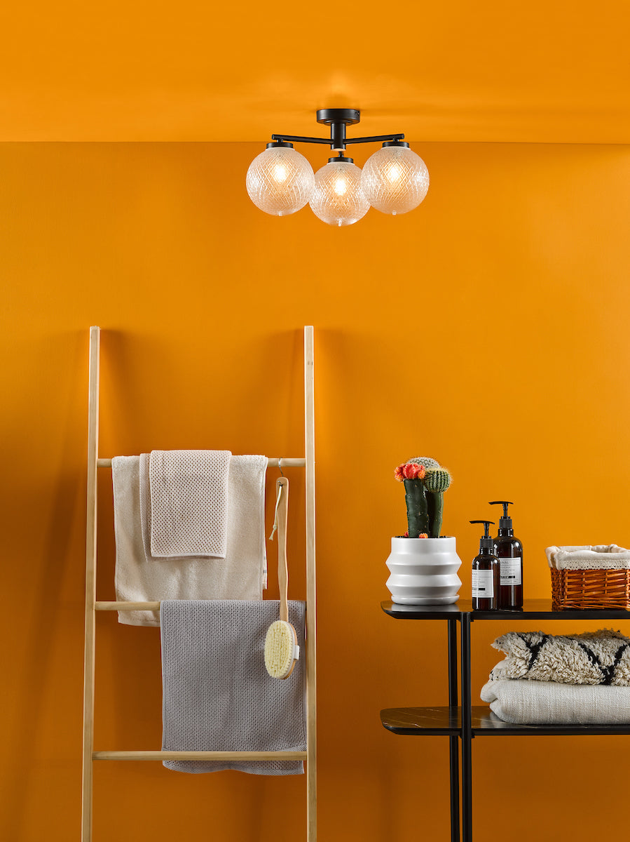 Wayne Bathroom 3 Light Semi Flush Matt Black Glass IP44