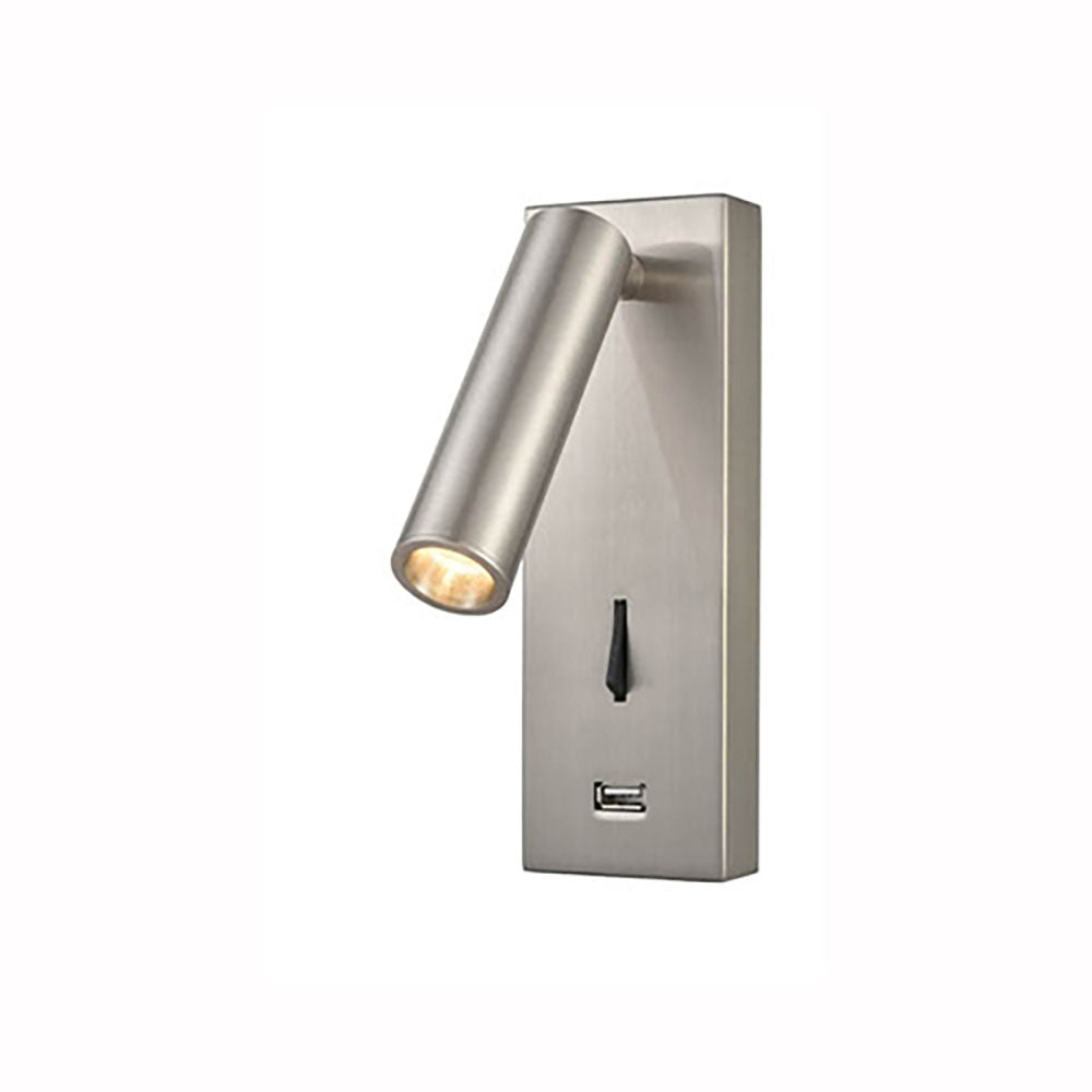 Luca LED Wall Light with USB Port & Switch (Satin Nickel)