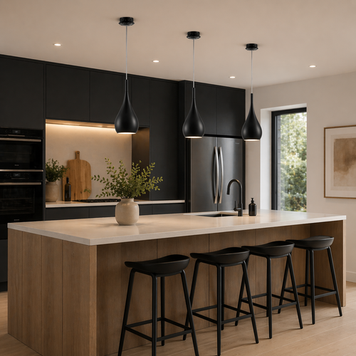 Gloss black pendant lights above modern kitchen island