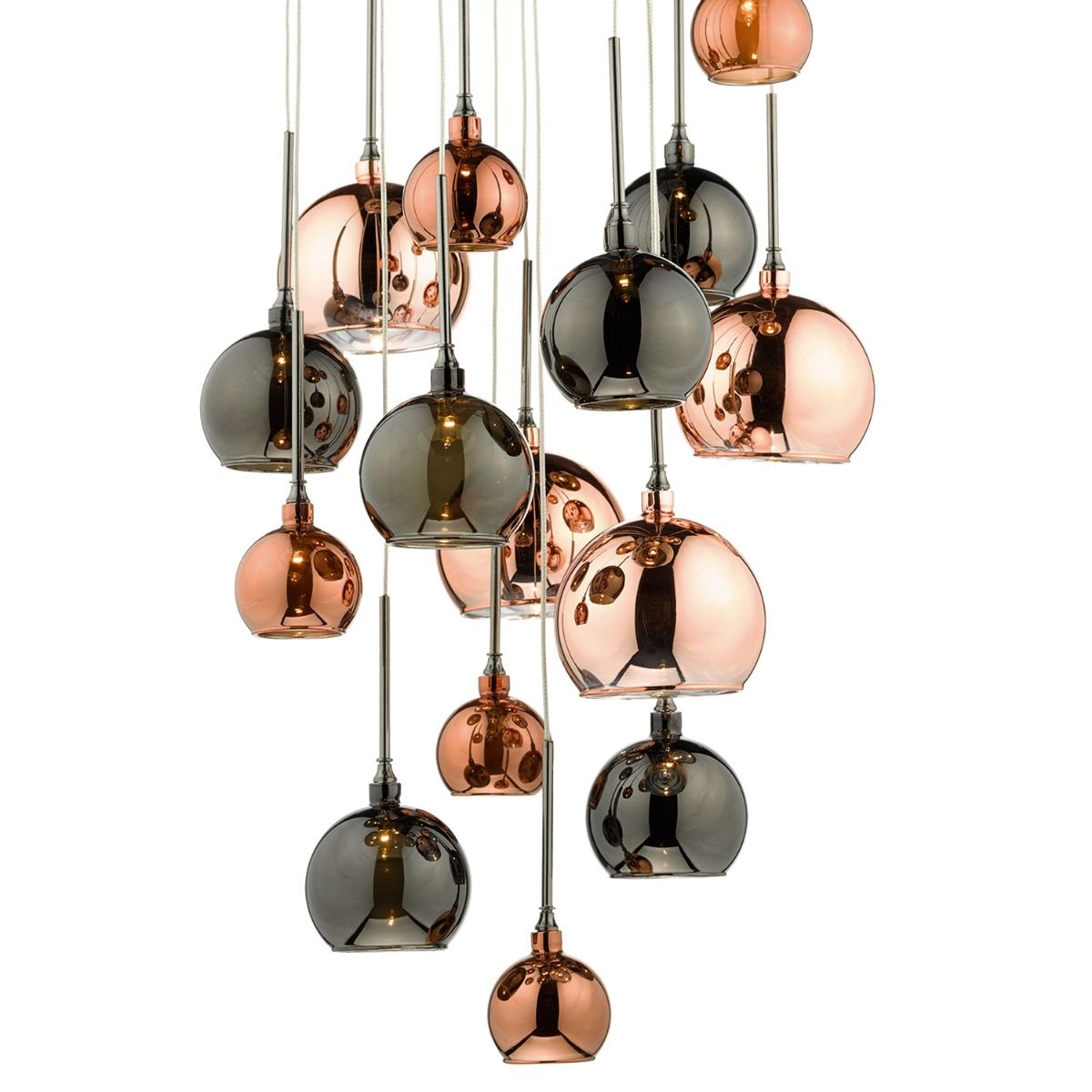 DAR Aurelia 15 Light Cluster Pendant Black Chrome Copper Glass