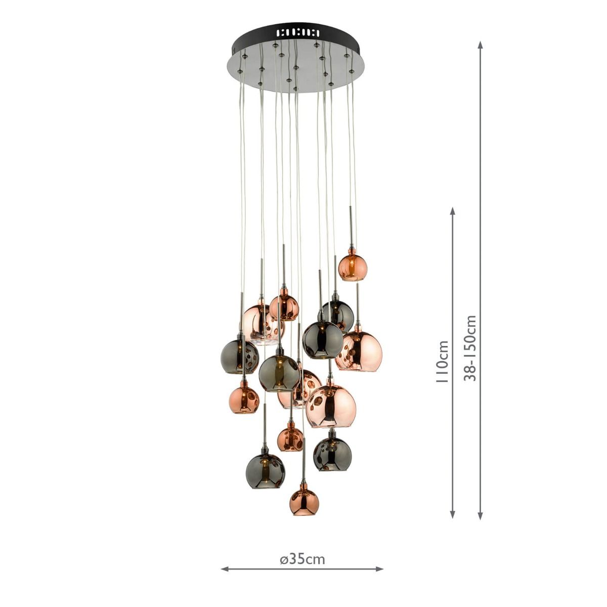 DAR Aurelia 15 Light Cluster Pendant Black Chrome Copper Glass