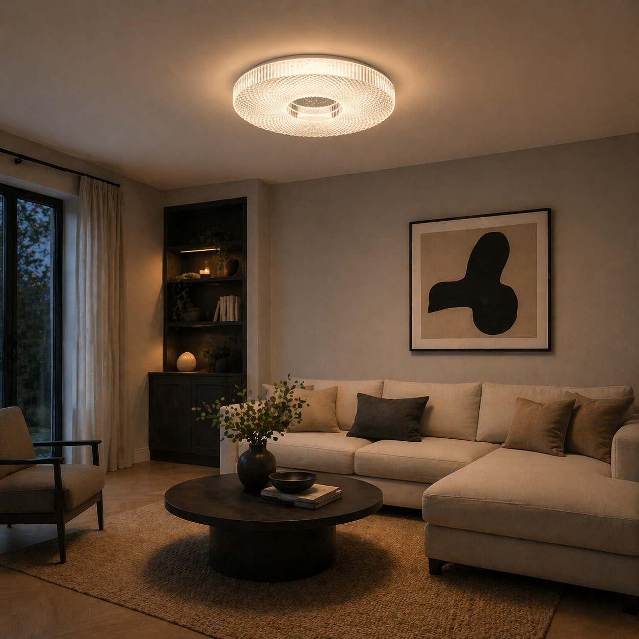 Large acrylic flush ceiling light with crystal effect design
