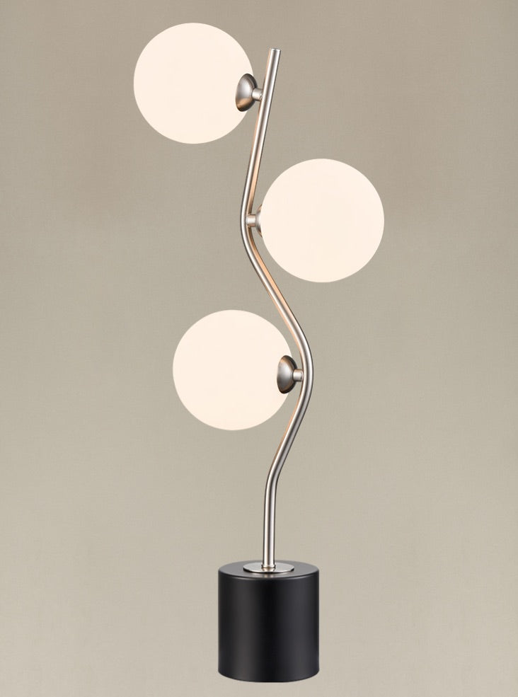 Cosmic Table lamp satin nickel with opal glass