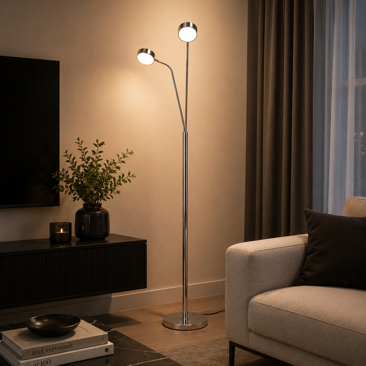 Adonis - LED Twin Head Floor Stand Lamp  - Chrome