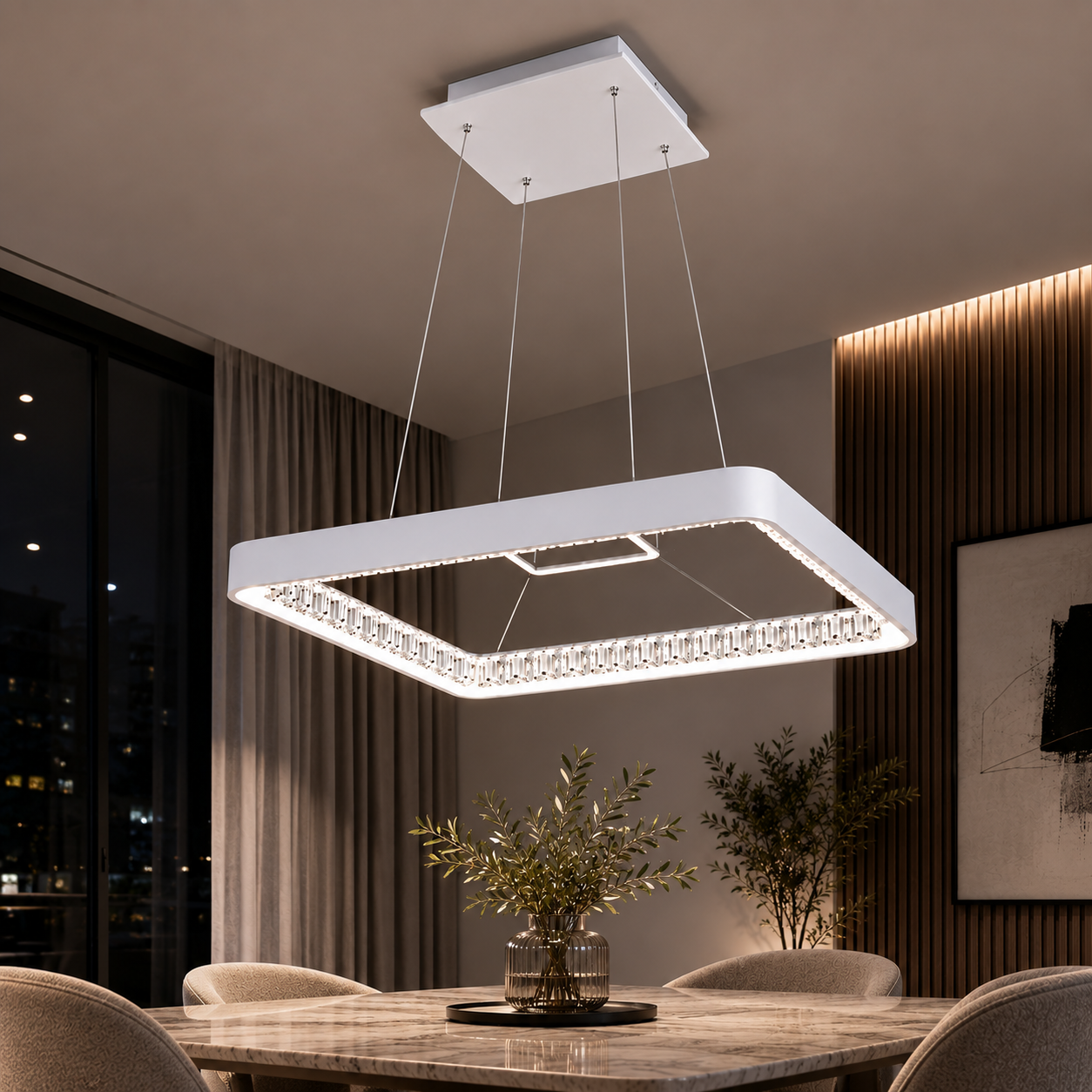 Pavo 55 Square White Pendant with Crystal Inner