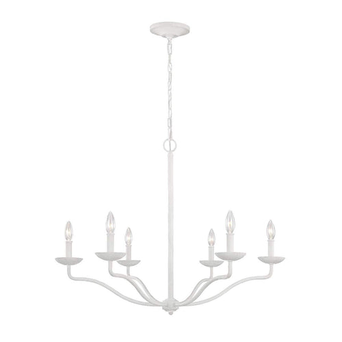 Annie six-light chandelier hung from chain, white metal frame with curved arms and candle-style bulbs.