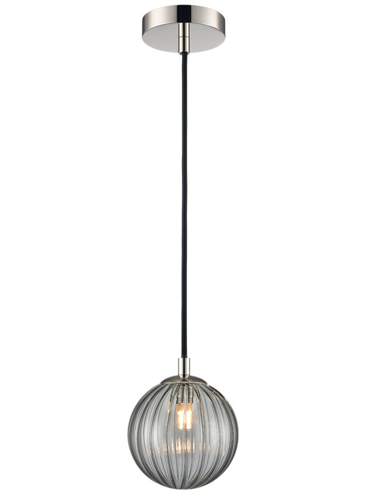 Globe Pendant Polished Nickel with Smoked Ribbed Glass