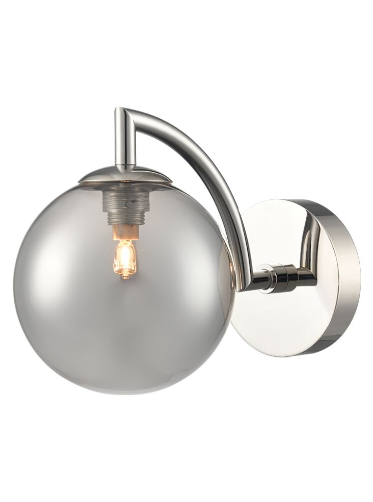 Polished nickel wall light with smoked glass globe