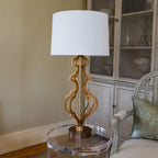 Octavia 1-Light Distressed Gold Table Lamp with Dark Brown Base & Fabric Shade