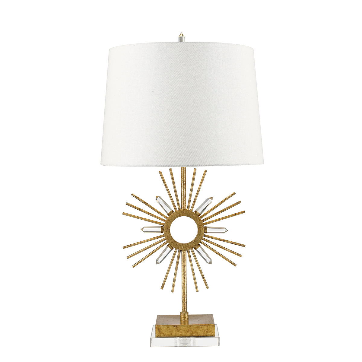 Sun King 1-Light Distressed Gold Table Lamp with Sunburst Design & Fabric Shade