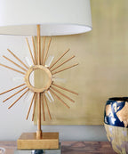 Sun King 1-Light Distressed Gold Table Lamp with Sunburst Design & Fabric Shade