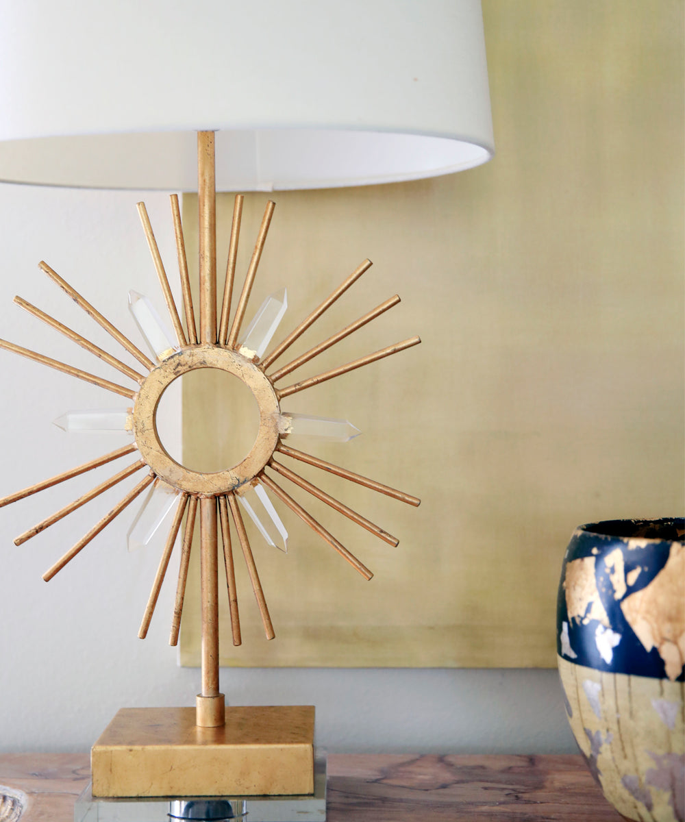 Sun King 1-Light Distressed Gold Table Lamp with Sunburst Design & Fabric Shade
