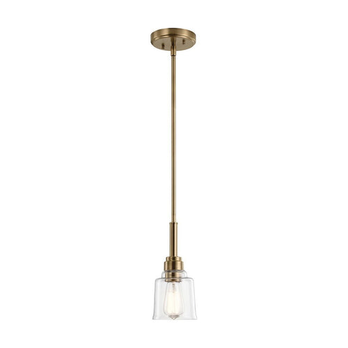 Aivian pendant with brass canopy, rod stem, and clear conical shade