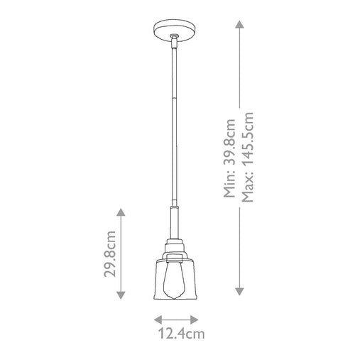 Aivian 1 Light Pendant with dimensions shown, featuring adjustable rod and conical shade in black finish.