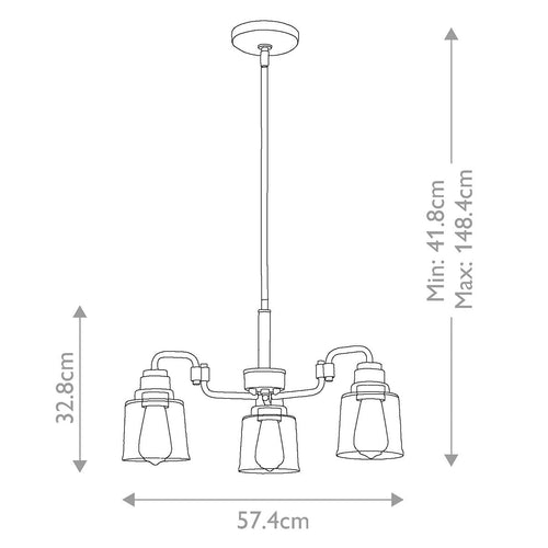 Aivian 3 light chandelier with dimensions and specifications diagram.