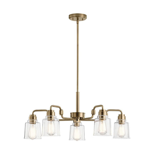 Aivian 5 light brass chandelier with clear glass shades and pendant rod