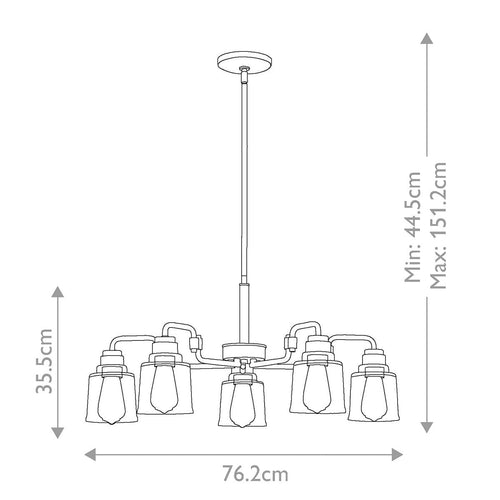 Aivian 5 light chandelier technical drawings showing dimensions and measurements