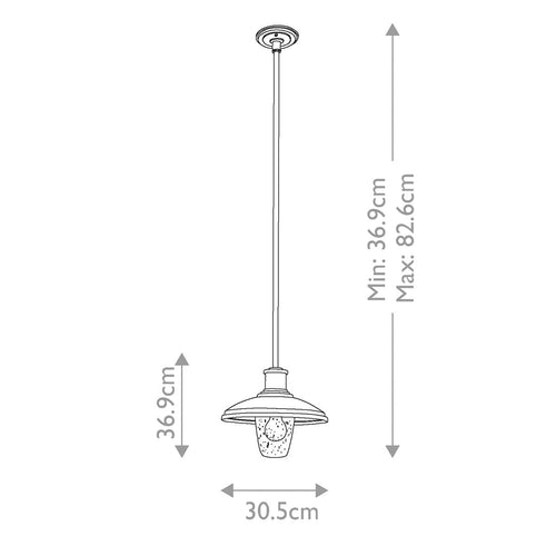 Allenbury 1 Light pendant with dome shade and dimensions chart showing 30.5cm width and adjustable height.