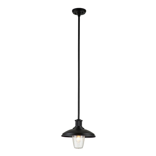Black outdoor pendant light with clear seeded glass shade and rod stem