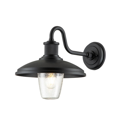 Black wall-mounted lantern with curved gooseneck arm and clear glass shade, front view.