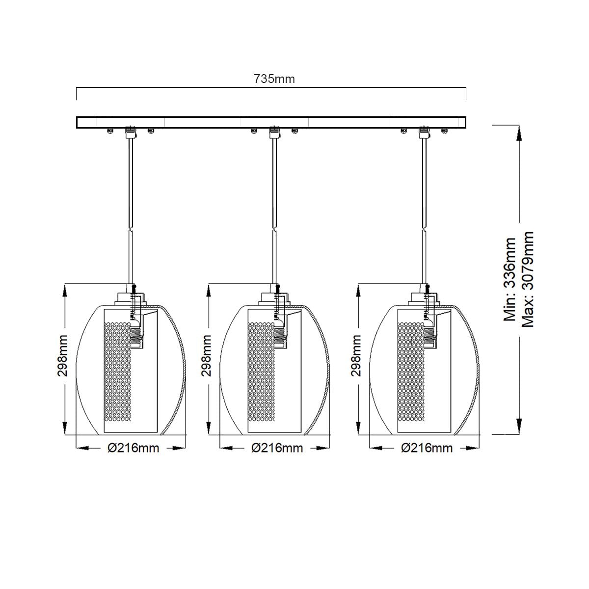 Asher 3 Light Pendant Rectangle