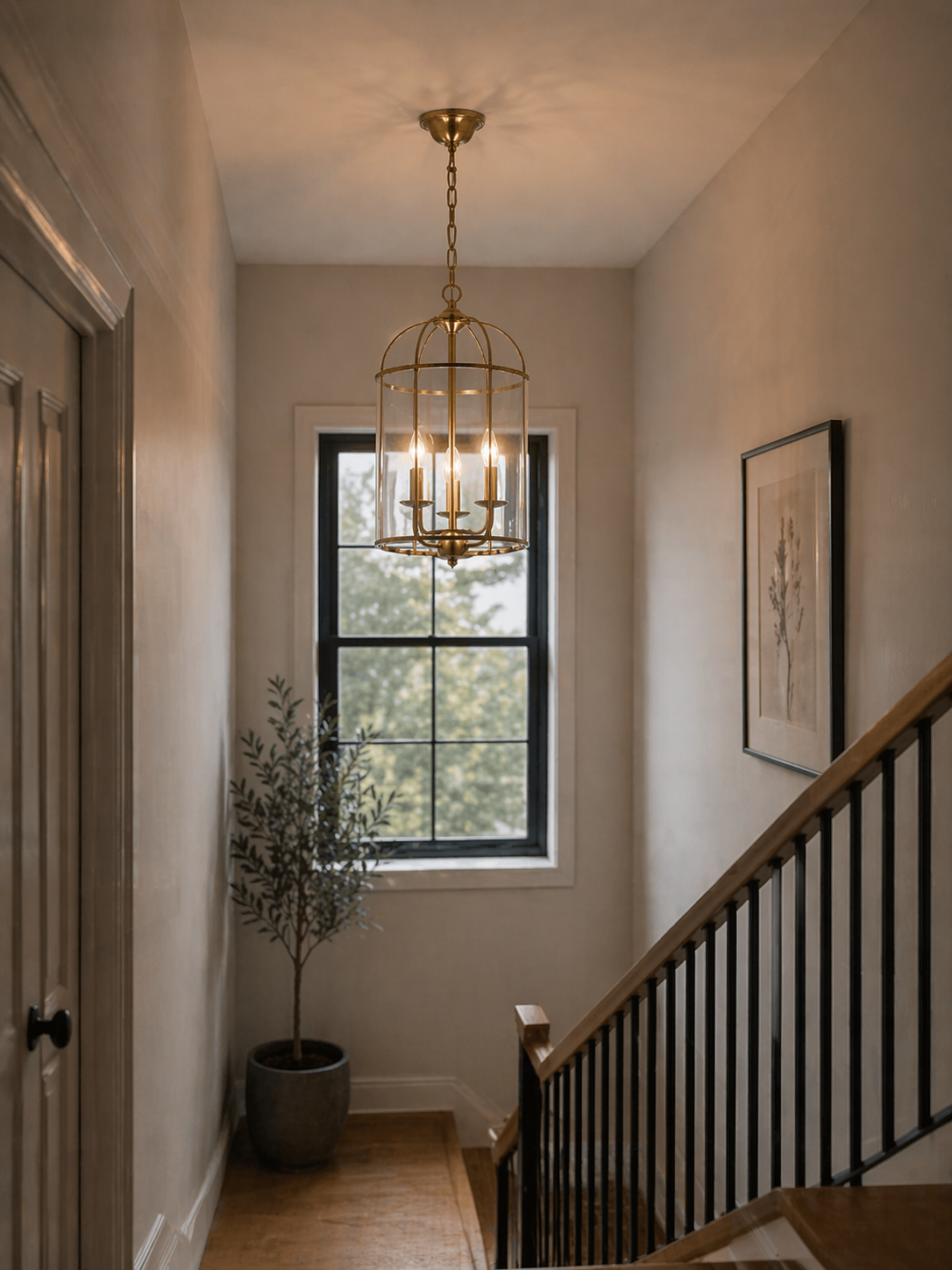 Hanging lantern light in entrance hallway setting