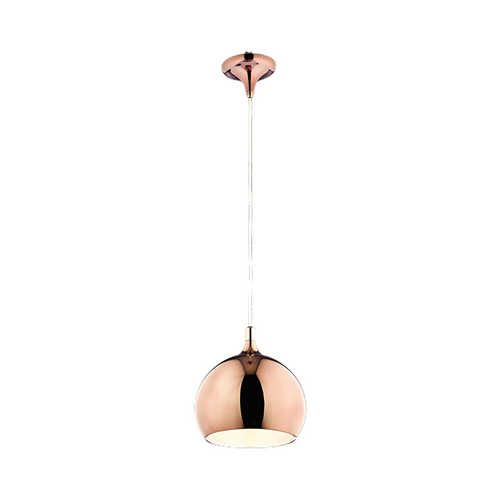 Copper spherical pendant light hanging from ceiling