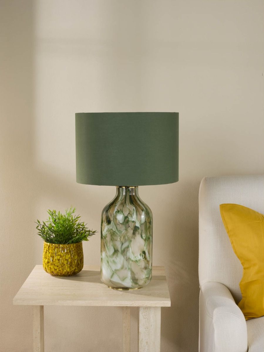 Nuria Table Lamp Green Art Glass and Antique Brass With Shade