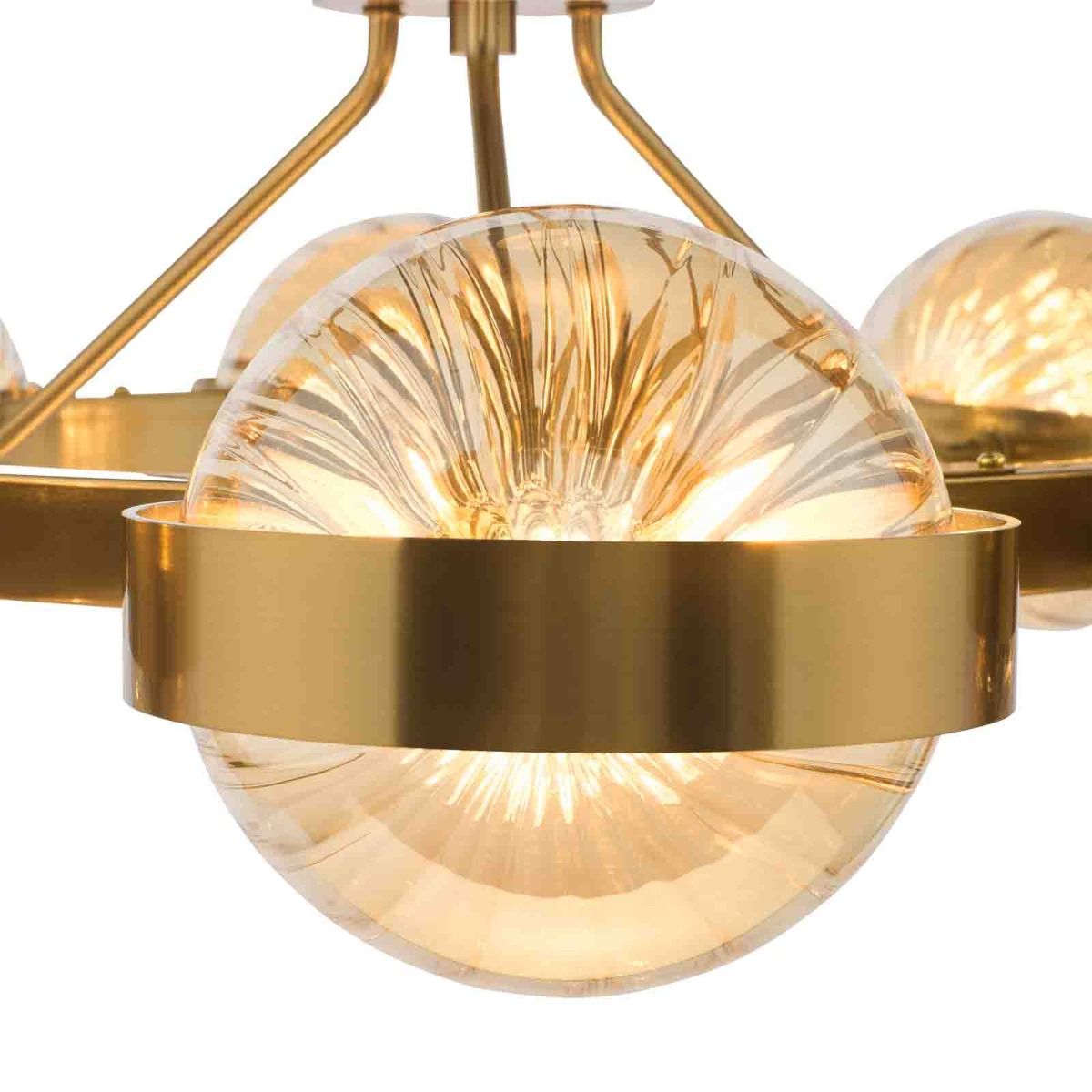 Ophira 8 Light Pendant Antique Gold and Amber Ribbed Glass